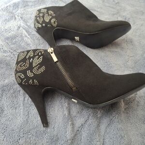 Kathy Van Zeeland Black Suede-Look Ankle Booties with Rhinestone Accent